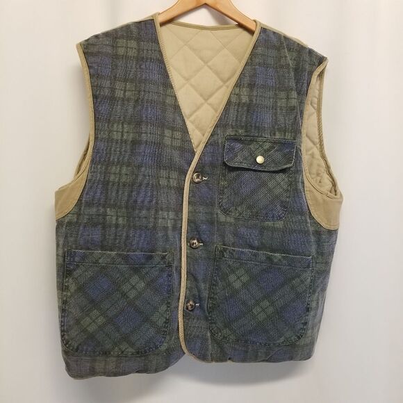 Vintage 90s y2k American Eagle Reversible Blue Plaid Khaki Vest Size Medium - Picture 2 of 9
